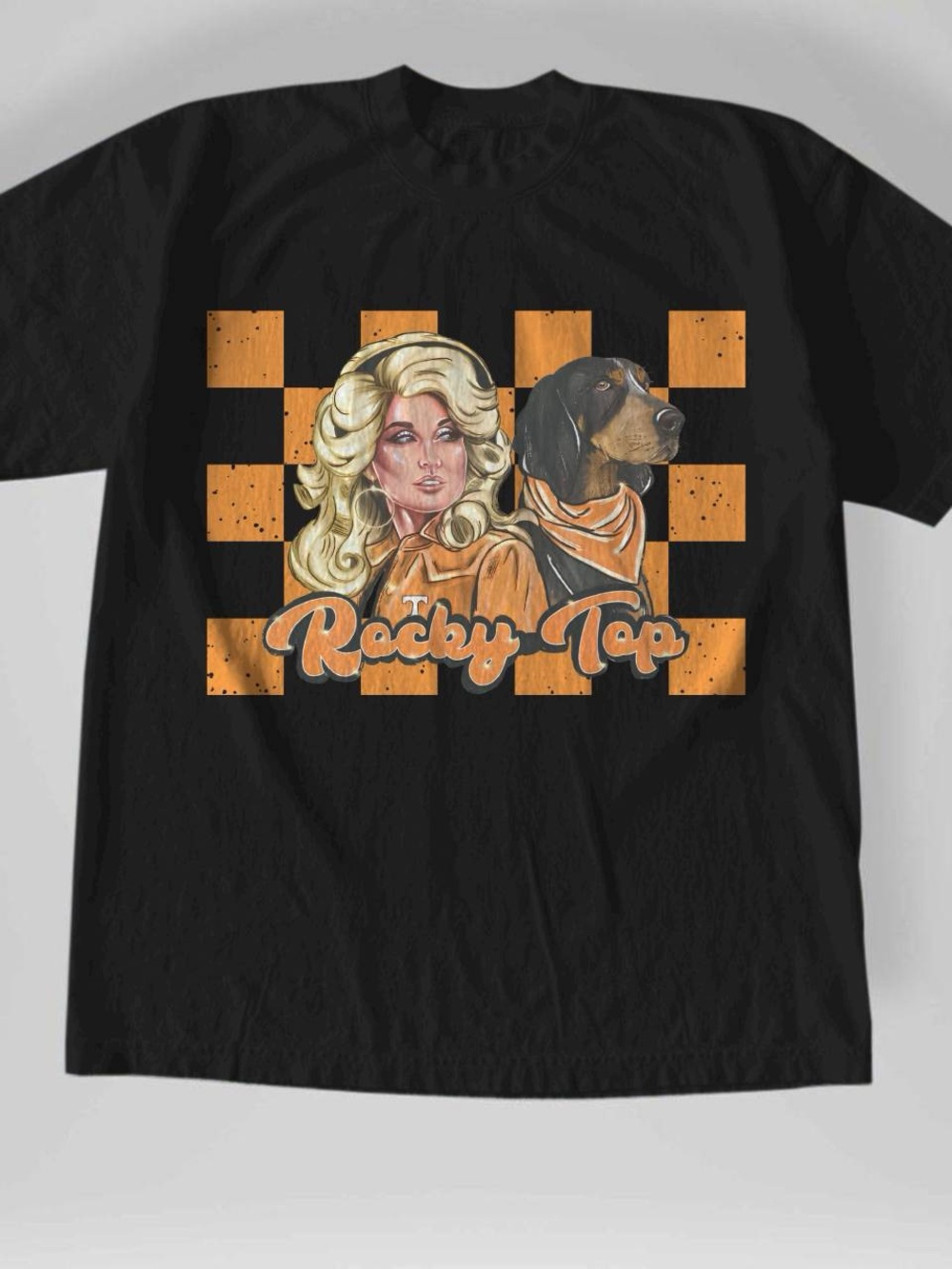 Gildan Black Tee Dolly Parton Rocky Top, Blonde Woman & Dog Graphic